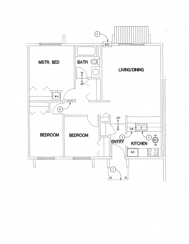 Floor plan for 3 beds, 1 bath, 875 sqft
